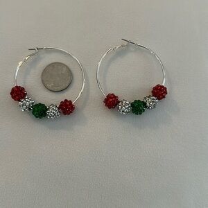 Rhinestone Christmas Holiday Hoop Earrings Large Silver in color